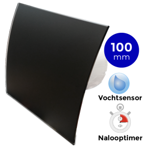 Pro-Design badkamerventilator - TIMER + VOCHTSENSOR (KW100H) - Ø 100mm - gebogen GLAS - mat zwart