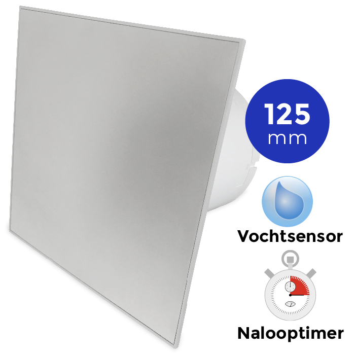 Pro-Design badkamerventilator - TIMER + VOCHTSENSOR (KW125H) - Ø 125mm - RVS vlak