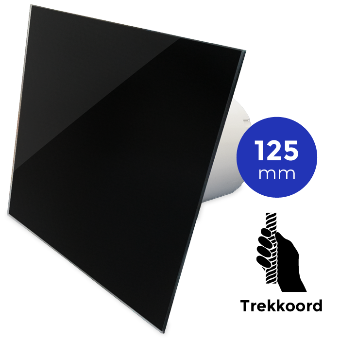 Pro-Design badkamer/toilet ventilator - TREKKOORD (KW125W) - Ø 125mm - vlak GLAS - glans zwart