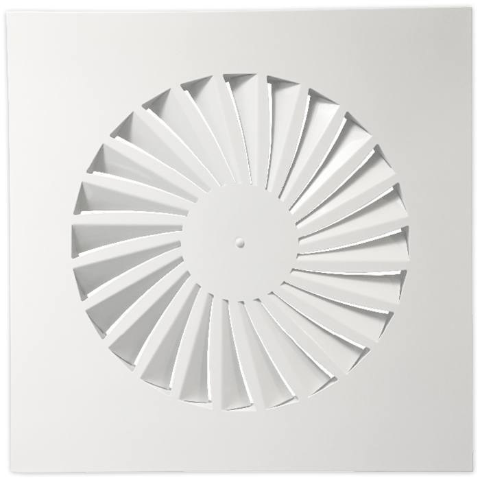 Wervelrooster voor inleg systeemplafond 595 x 595mm - rond Ø 443mm - luchtafvoer en toevoer - staal - RAL9010 Wervelrooster voor inleg systeemplafond 595 x 595mm - rond Ø 443mm - luchtafvoer en toevoer - staal - RAL9010