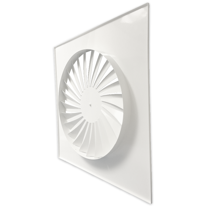 Wervelrooster voor inleg systeemplafond 595 x 595mm - rond Ø 443mm - luchtafvoer en toevoer - staal - RAL9010 Wervelrooster voor inleg systeemplafond 595 x 595mm - rond Ø 443mm - luchtafvoer en toevoer - staal - RAL9010